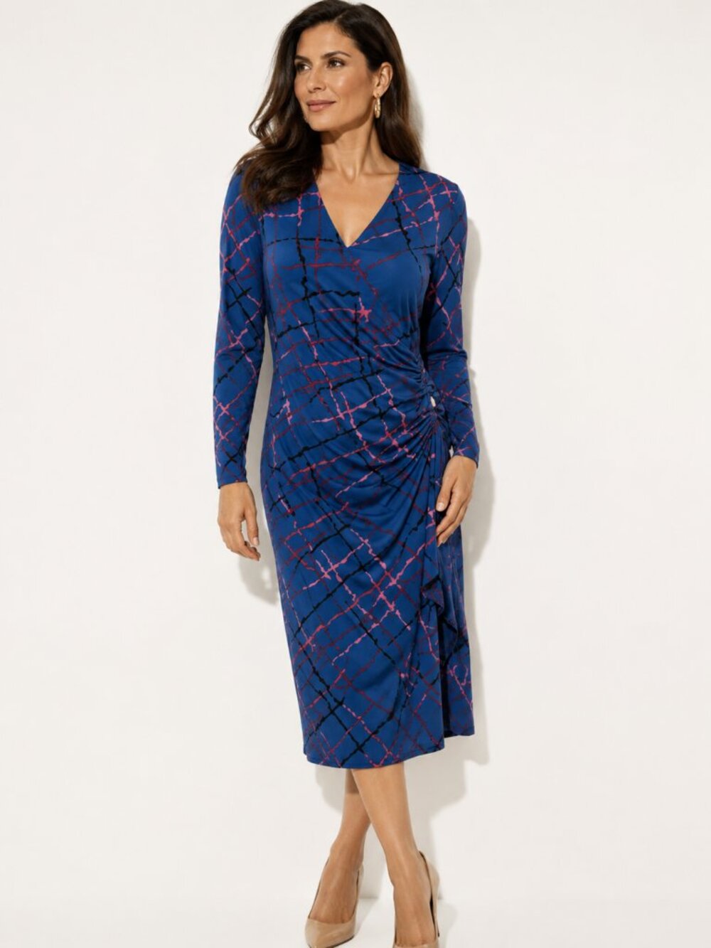 Classic Feminine Ruched Midi Dress Blue Abstract Print Workwear Office Chic 10 - Picture 2 of 16
